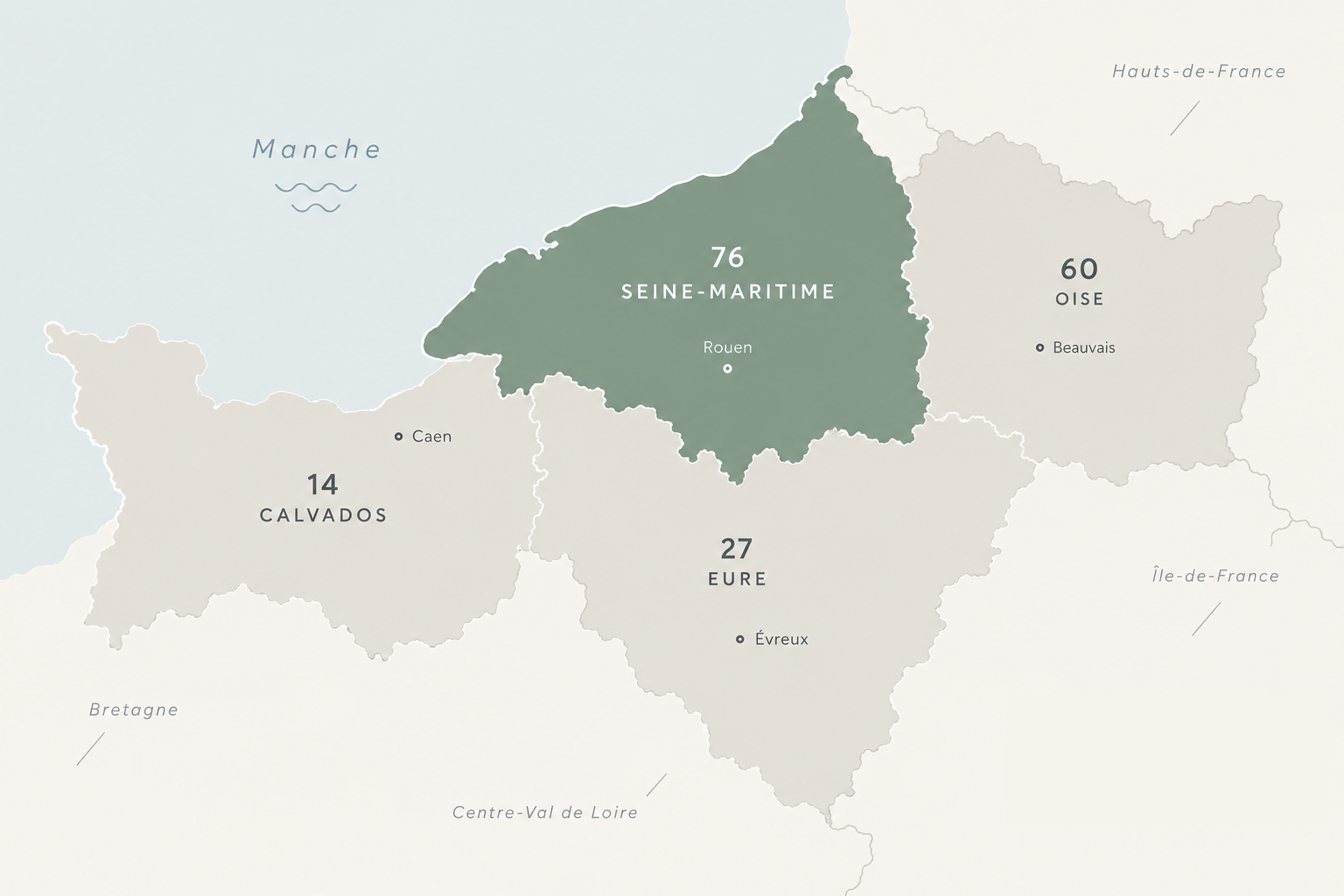 Carte de France : départements desservis par Agathe Bouguet (Calvados, Eure, Seine-Maritime et départements limitrophes)