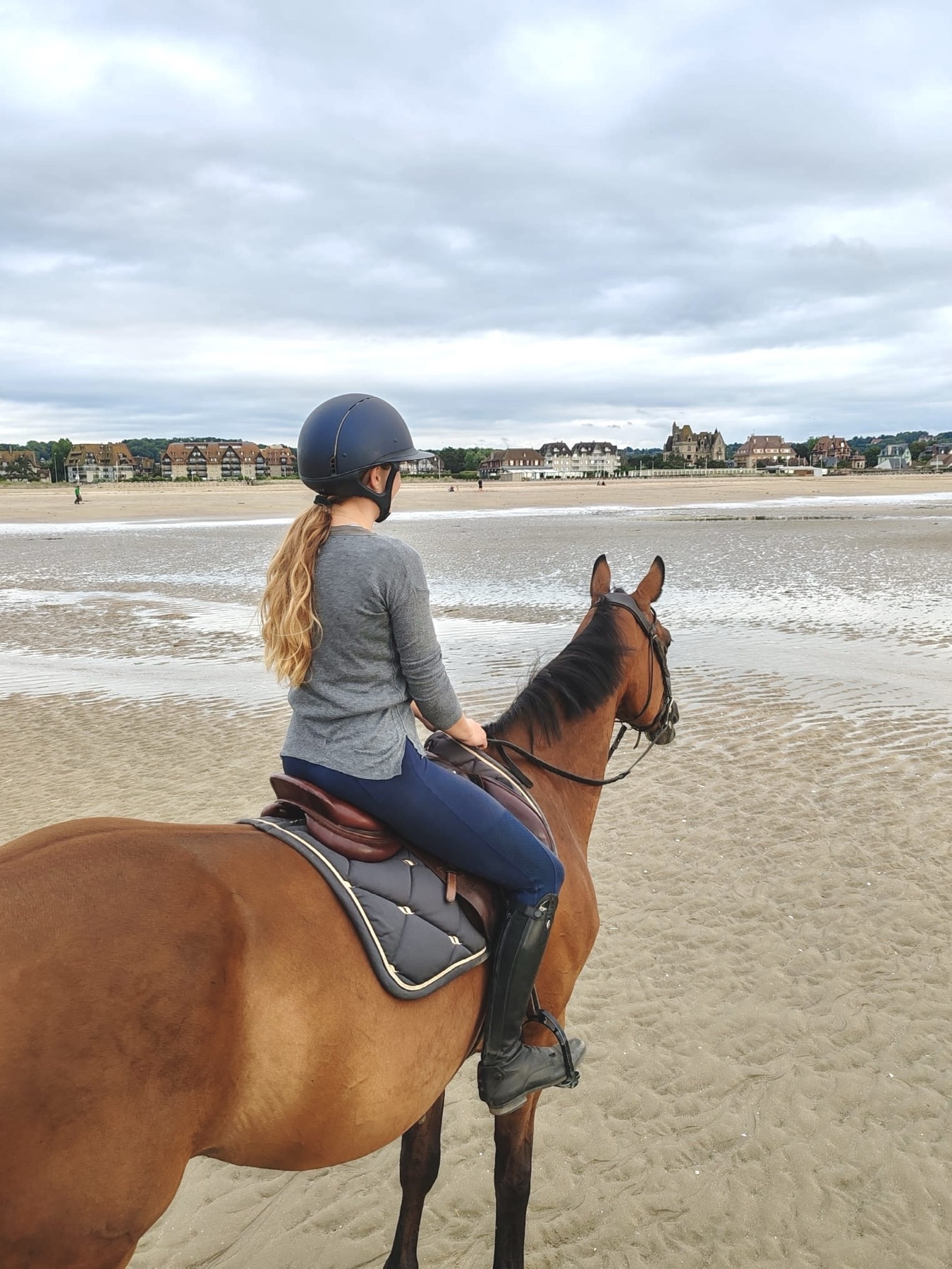 Cavalière et cheval sur une plage de la côte normande